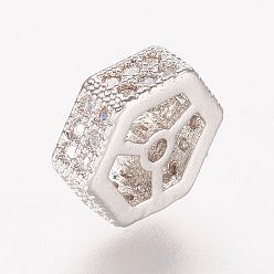 Платина Латунные микро проложить кубического циркония бусы, шестиугольник, платина, 8x8x3 мм, отверстие : 0.5 мм