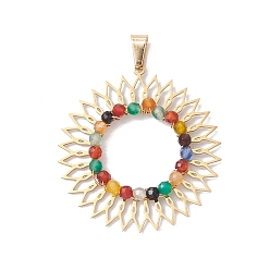 Золотой Круглые граненые подвески из разноцветного окрашенного натурального агата, 201 подвески-цветы из нержавеющей стали, золотые, 39x36.5x4.5 мм, отверстие : 6.5x3.5 мм