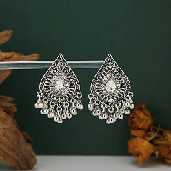 Silver Alloy Rhinestone Chandelier Earrings, Stud Earrings for Women, Teardrop, Silver, 45mm