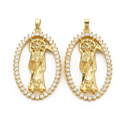 Real 16K Gold Plated Brass Micro Pave Cubic Zirconia Pendants, Nickel Free, Oval with Virgin, Real 16K Gold Plated, 41.5x25.5x5mm, Hole: 2.5x5mm