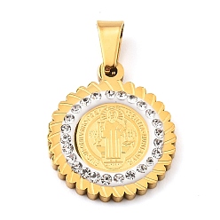 Золотой Ионное покрытие (ip) 304 подвеска из нержавеющей стали с хрустальными стразами, Религиозная тема, плоская круглая с подвесками Иисуса, золотые, 21.5x18x3 мм, отверстие : 7x4 мм