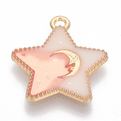 PeachPuff Alloy Enamel Pendants, Star with Moon, Golden, PeachPuff, 23x20x2mm, Hole: 1.5mm