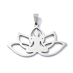 Нержавеющая Сталь Цвет Не тускнеющие 304 подвески из нержавеющей стали, лазерная резка, лотос с подвесками для йоги, цвет нержавеющей стали, 23x37x1 мм, отверстие : 6x3 мм