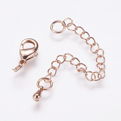 Real Rose Gold Plated Long-Lasting Plated Brass Chain Extender, with Lobster Claw Clasps and Bead Tips, Real Rose Gold Plated, 12x7x3mm, Hole: 3.5mm, Extend Chain: 65mm, ring: 5x1mm