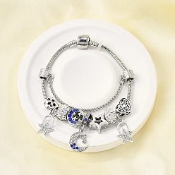 Платина Сплав европейские бусины браслеты с подвесками, браслеты из змеиной цепи для женщин, звезда, луна и сердце, со стразами из полимерной глины и силиконовыми бусинами, без свинца и без кадмия, платина, 7-1/2 дюйм (19.2 см)