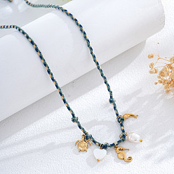 Кадет Синий Летние пляжные плетеные веревочные ожерелья-нагрудники, Кулоны из нержавеющей стали в виде морской звезды, черепахи, дельфина, морского конька и искусственного жемчуга., золотые, кадетский синий, 29.92 дюйм (76 см)