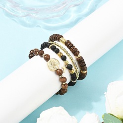 (52) Непрозрачная лаванда 4 шт. 4 стили наборы браслетов из натуральной лавы, кокоса, дерева венге и латуни с бусинами для женщин, с шармом сплава, разноцветные, внутренний диаметр: 2-3/8~2-3/8 дюйм (5.95~6.1 см), 1 шт / стиль