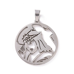 Нержавеющая Сталь Цвет Не тускнеющие 201 подвески из нержавеющей стали, плоские круглые с Иисусом, цвет нержавеющей стали, 32.5x30x2 мм, отверстие : 4x6 мм