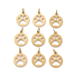 Golden 304 Stainless Steel Pendants, Flat Round with Dog Paw Prints, Golden, 14x12x1.1mm, Hole: 4mm