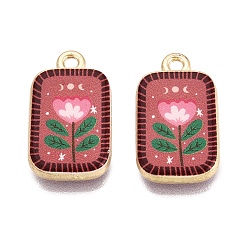 Indian Red Printed Alloy Pendants, Rack Plating, Rectangle & Flower Charms, Cadmium Free & Nickel Free & Lead Free, Golden, Indian Red, 21x12x3.5mm, Hole: 1.8mm