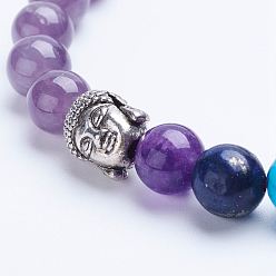 Amethyst Chakra Jewelry, Natural Amethyst Beaded Stretch Bracelets, with Alloy Spacer Beads, Antique Silver, 1-3/4 inch(45mm)