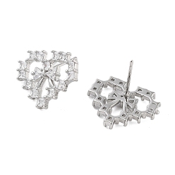 Платина Латунные серьги-гвоздики в форме сердца с покрытием стойки, с четким кубического циркония, без кадмия и без свинца, долговечный, платина, 14x18 мм