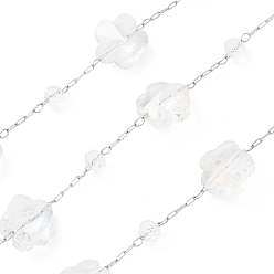 Нержавеющая Сталь Цвет 304 жемчужные кабельные цепи из нержавеющей стали и АБС-пластика, с полимерной глиной кристалла горного хрусталем, цветок, пайки, с катушкой, цвет нержавеющей стали, 9.5x10x6 мм