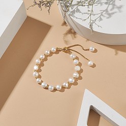 Floral White Dyed Natural Pearl & Brass Round Beaded Slider Bracelet, Adjustable Bracelet with Golden 304 Stainless Steel Box Chains for Women, Floral White, Inner Diameter: 1-3/4~3 inch(4.5~7.5cm)