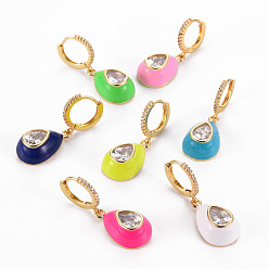 (52) Непрозрачная лаванда Серьги-кольца из латуни с микропаве из прозрачного кубического циркония, с эмалью, без никеля , слеза, золотые, разноцветные, 33 мм, штифты : 1 мм