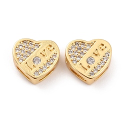 Real 18K Gold Plated Brass Micro Pave Cubic Zirconia Slide Charms, Long-Lasting Plated, Real 18K Gold Plated, Cadmium Free & Lead Free, Heart with Word LOVE, 10x10.5x3.5mm, Hole: 4x1mm