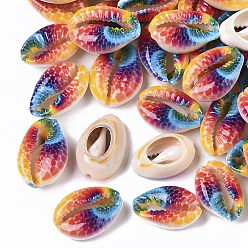Colorful Printed Natural Cowrie Shell Beads, No Hole/Undrilled, with Marine Organism Pattern, Colorful, 18~25x12~15x7mm