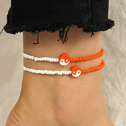 Коралловый 2шт. наборы эластичных браслетов на ногу из полимерной глины и стеклянных бусин инь-янь для женщин, коралл, внутренний диаметр: 2-3/4 дюйм (70 мм)