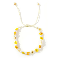 Желтый Богемный стиль стеклянные круглые бусины плетеные браслеты из бисера для женщин, маргаритка, с пластиковой имитационной жемчужиной, желтые, внутренний диаметр: 11 дюйм (28 см)