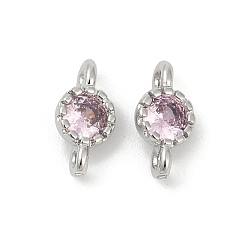 Pink Латунные плоские круглые подвески-соединители из кубического циркония, стойки покрытие, долговечный, платина, розовые, 9x4.5~5x3 мм, отверстие : 1 мм