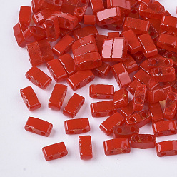 Красный 2-дырочные стекло бисер, непрозрачный лак или прозрачный лак, прямоугольные, красные, 4.5~5.5x2x2~2.5 мм, отверстие : 0.5~0.8 мм