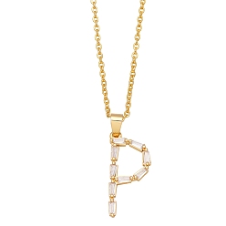 Letter P Unisex Brass Micro Pave Clear Cubic Zirconia Pendant Necklaces with Cable Chain, Letter, Letter P, 17.72 inch(45cm)
