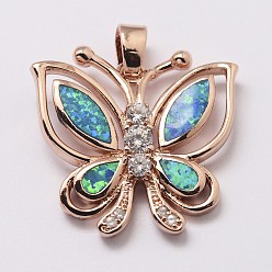 Rose Gold Brass Micro Pave Cubic Zirconia Pendants, with Synthetic Opal, Butterfly, Cadmium Free & Lead Free, Rose Gold, 24x23x4mm, Hole: 3x5mm