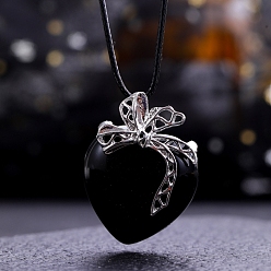 Obsidian Natural Obsidian Pendants, Heart Charms with Platinum Plated Metal Bowknot, 40x30mm