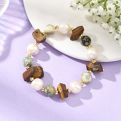 Mixed Stone Raw Natural Tiger Eye & Round Green Line Jasper Beaded Stretch Bracelets, with Natural Pearl, Golden, Inner Diameter: 1.97 inch(5cm)