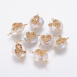 Leo Natural Pearl Links connectors, with Brass Micro Pave Cubic Zirconia Findings, Flat Round with Constellation, Golden, Colorful, Leo, 20~26x9~17x5~11mm, Hole: 1.6mm