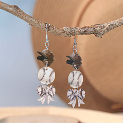 Baseball Акриловые серьги болтаться, платина, бантом, спортивная тема, бейсбол, 70x15 мм