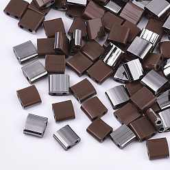 Coconut Brown FGB 2-Hole Glass Seed Beads, Half Gunmetal Plated Colours, Square, Coconut Brown, 5x4.5~5.5x2~2.5mm, Hole: 0.5~0.8mm, about 1180pcs/bag