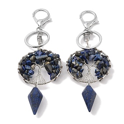 Lapis Lazuli Natural Dyed Lapis Lazuli Keychain, with Platinum Brass & Iron Findings, Long-Lasting Plated, Lead Free & Cadmium Free, Flat Round with Tree of Life, 15.7cm