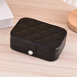 Black Rectangle PU Imitation Leather Jewelry Storage Boxes, Portable Travel Rhombus Textured Case with Snap Clasp, for Ring Earring Holder, Gift for Women, Black, 16.5x11.5x5.5cm