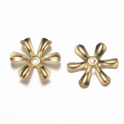 Raw(Unplated) Brass Bead Caps, Lead Free & Nickel Free, Flower, 6-Petal, Raw(Unplated), 14x2.5mm, Hole: 1mm