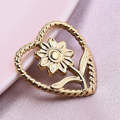 Золотой 304 нержавеющей стали кабошонов, Сердце со цветками , золотые, 21x21 мм