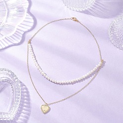 Letter L Двухслойное ожерелье из латуни с подвеской в форме сердца и буквы из натурального культивированного пресноводного жемчуга "Картофель", золотые, белые, Письмо L, 15.28 дюйм (38.8 см)