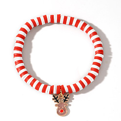 Other Animal Рождественские 304 браслеты из нержавеющей стали с эмалированными подвесками, Браслеты из полимерной глины, бусины хейши, эластичные для женщин, цвет охры, северный олень, 6.89 дюйм (17.5 см)