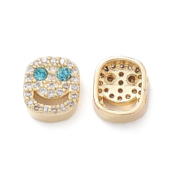 Medium Turquoise Brass Micro Pave Cubic Zirconia Beads, Lead Free & Cadmium Free, Long-Lasting Plated, Real 18K Gold Plated, Oval with Smiling Face, Medium Turquoise, 9x8x4mm, Hole: 1mm