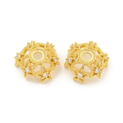 Настоящее золото 18K Латунные колпачки для бусин из микропаве с кубическим цирконием, 6-лепестков цветка, реальный 18 k позолоченный, 16.5x15x6.5 мм, отверстие : 3.1 мм