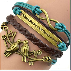 Птица Браслеты из замши и искусственной кожи, вязанные из нескольких нитей, регулируемые браслеты из сплава, птица, 7-1/8 дюйм (18 см)