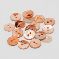 Coral 2-Hole Shell Flat Round Buttons, Coral, 10x1.5mm, Hole: 1.5mm, about 500pcs/bag