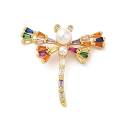 Colorful Brass Micro Pave Clear Cubic Zirconia Pendants, Cadmium Free & Lead Free, with Shell, Real 16K Gold Plated, Dragonfly, Colorful, 30~30.5x31x11mm, Hole: 2mm