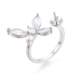 Платинированный Кольцо-манжета в форме бабочки из латуни с микропаве из прозрачного кубического циркония для полупросверленных бусин, без кадмия, без никеля и без свинца, Реальная платина, штифты : 0.9 мм, 12.5~15 мм, внутренний диаметр: 16~17 мм