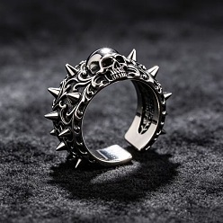 Antique Silver Alloy Skull Rivet Cuff Open Rings, Antique Silver, US Size 4 1/4(15~20mm)