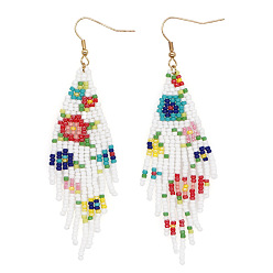 Белый Серьги-кисточки с подвесками из стеклянных бусин ручной работы с цветочным узором, золотые, белые