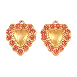 Red 304 Stainless Steel Enamel Pendants, Heart with Flower Charm, Real 18K Gold Plated, Ion Plating(IP), Long-Lasting Plated, Red, 22x18x2.5mm, Hole: 1.6mm