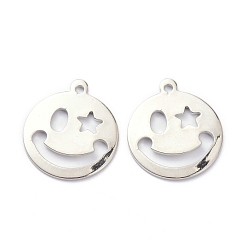 Платина Латунные подвески, долговечный, плоское круглое улыбающееся лицо и звезда, Реальная платина, 19.5x17x1 мм, отверстие : 1.5 мм