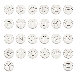Letter A~Z 104Pcs 26 Letters 304 Stainless Steel Links Connectors, Laser Cut, Flat Round with Letter, Stainless Steel Color, Letter A~Z, 6x1mm, Hole: 0.8mm, 4pcs/letter