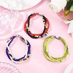 Mixed Color 3Pcs 3 Colors Glass Seed Beads Multi-strand Bracelets for Women, Round, Mixed Color, 7-3/4~7-7/8 inch(19.7~20.1cm), 1pc/color